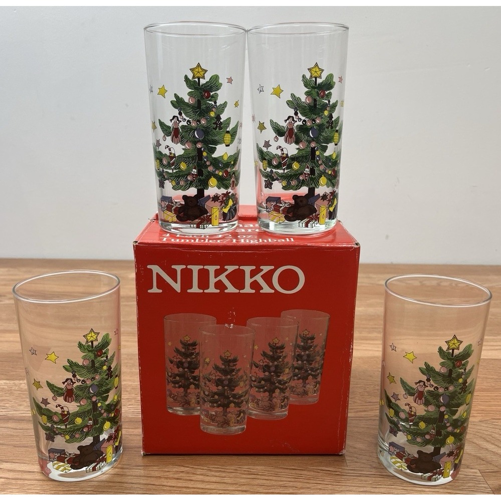 Vintage NIKKO Set of 4 Christmas Glassware 12oz Tumbler/Highball Glasses NEW